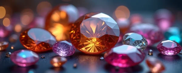 Une composition artistique de pierres fines lumineuses montrant des effets de chatoyance, astérisme et pléochroïsme dans un écrin élégant