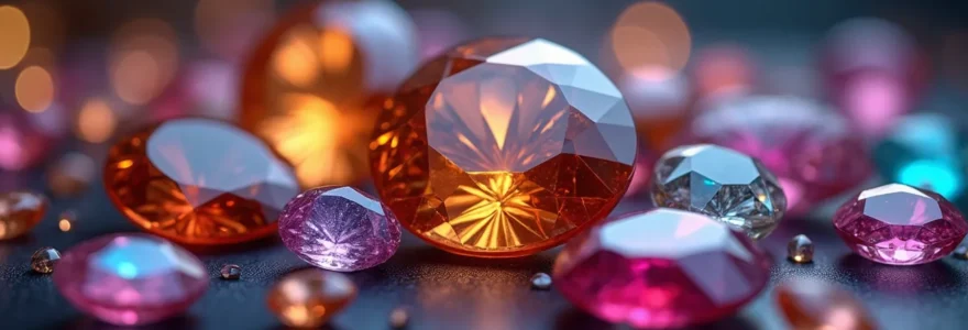 Une composition artistique de pierres fines lumineuses montrant des effets de chatoyance, astérisme et pléochroïsme dans un écrin élégant